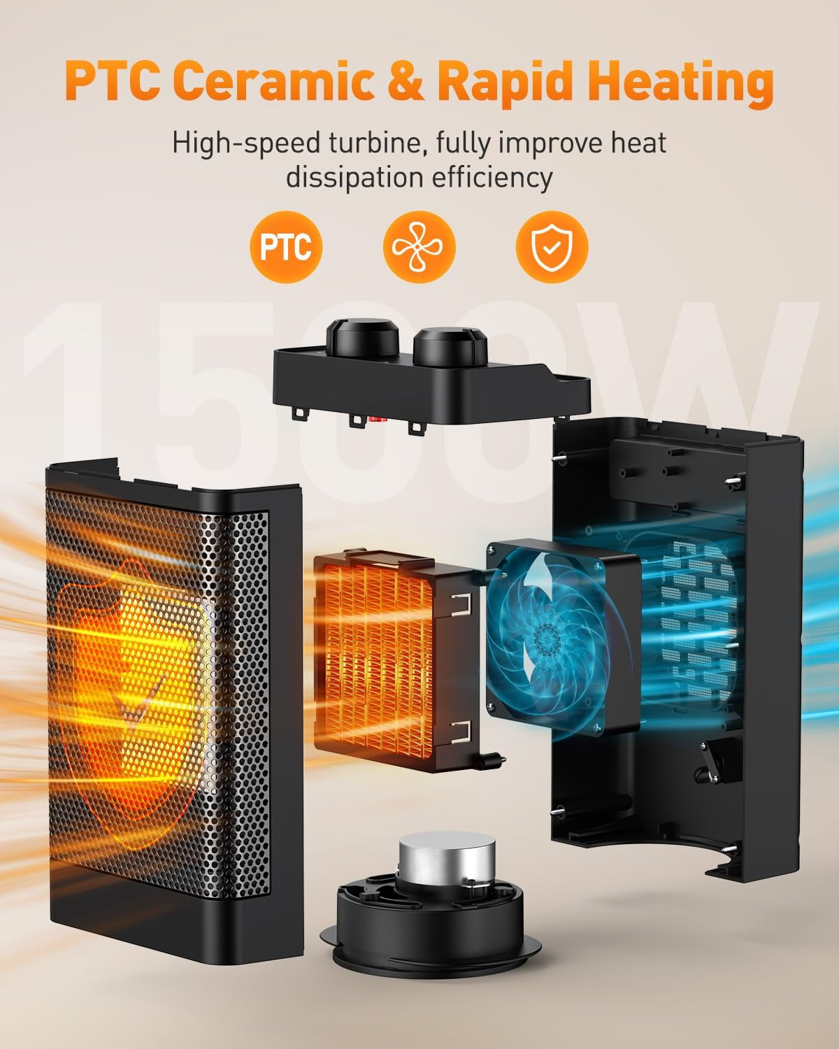 Calefactor De Bajo Consumo, 1500 W, 3 Modos De Calentamiento, Calentador Eléctrico De Cerámica, Oscilación De 70°, Protección Contra Sobrecalentamiento Y Antivuelco, Calefactor Silencioso Para Usar En
