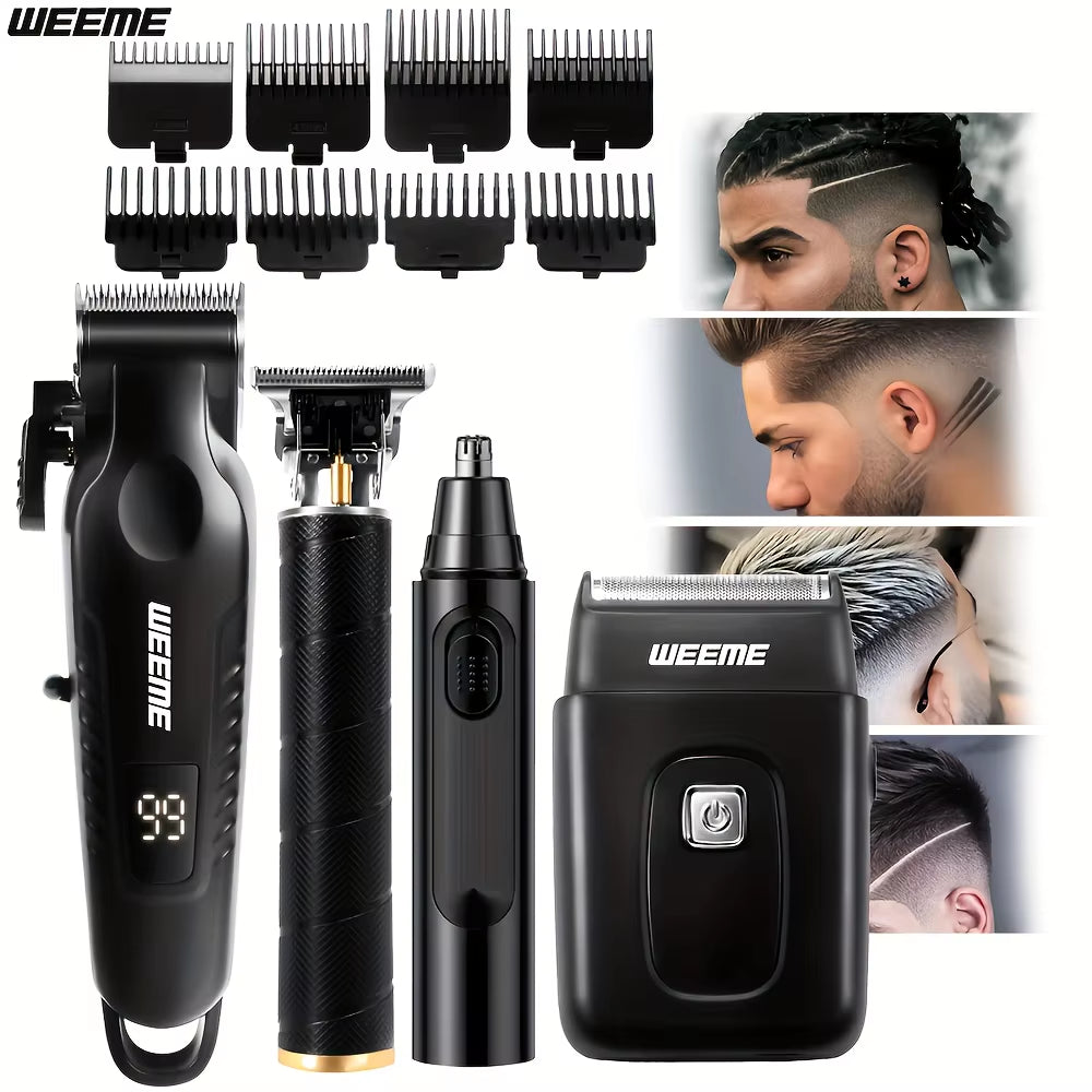 WEEME 4 in 1 Men Grooming Kit LCD Display USB Rechargeable Hair Clipper Beard Trimmer Nose Trimmer T-Blade Shaver Gift for Dad