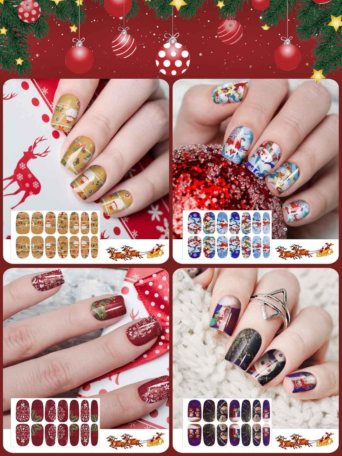 EBANKU Pegatinas Navidad Uñas, 14 Hojas Nail Stickers Etiqueta Adhesiva Uñas Cubierta Completa Calcomanías Etiqueta Engomada Uñas Autoadhesivas Con Limas Para Arte De Uñas DIY (C)