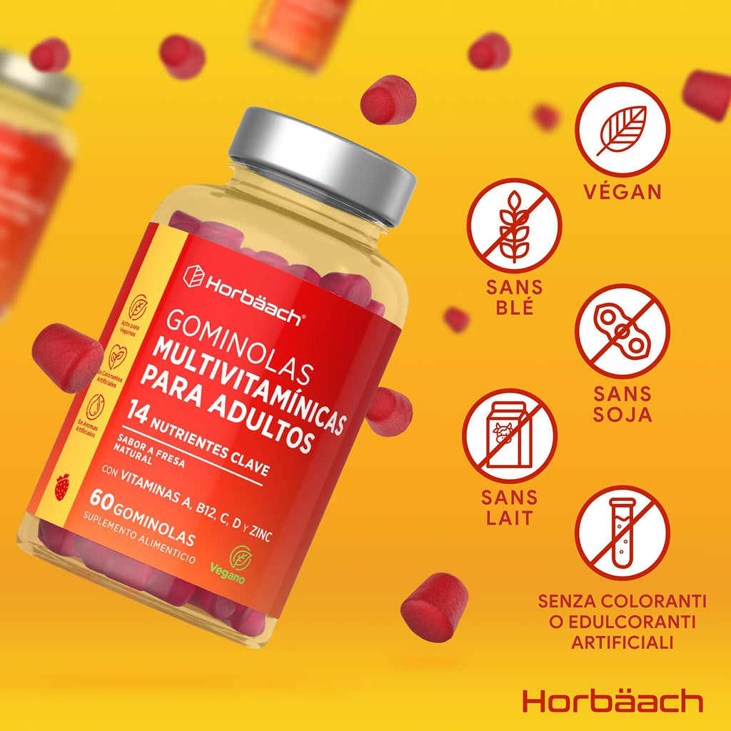 Gominolas Multivitaminas Y Minerales | 14 Multivitaminas Y Minerales Con Vitamina A, B12, C, D Y Zinc | 60 Gummies Sabor Fresa | De Horbaach