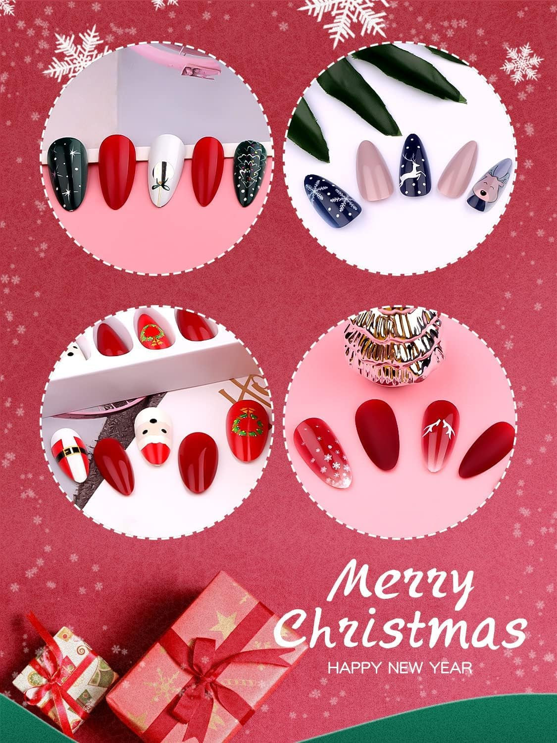 EBANKU 96 Piezas Uñas Postizas De Navidad, Cubierta Completa Para Mujeres Y Niñas
