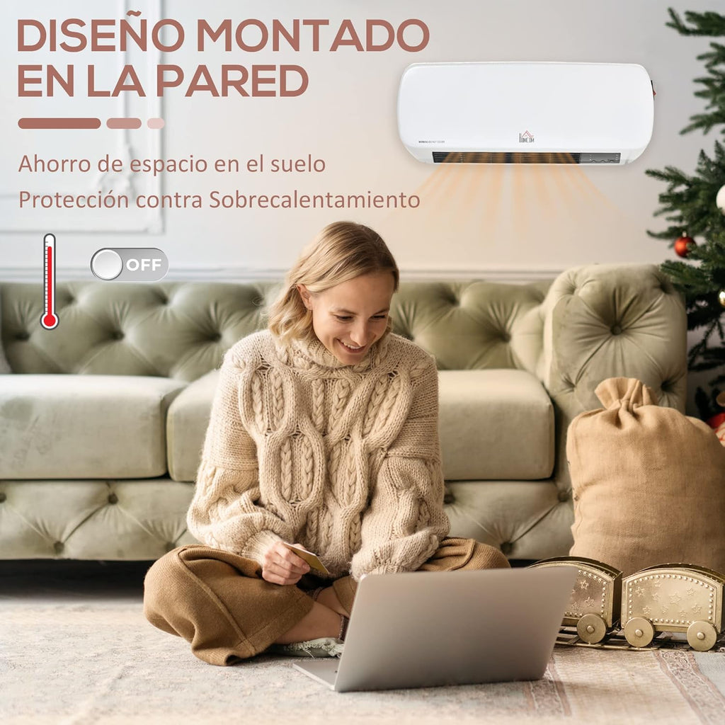 HOMCOM Calefactor Eléctrico Bajo Consumo, 1000W/2000W, Calefactor De Baño De Pared Con Pantalla LED, IPX2, 3 Modos, PTC, Protección Contra Sobrecalentamiento, Temporizador, Mando, Para 20-25㎡, Blanco