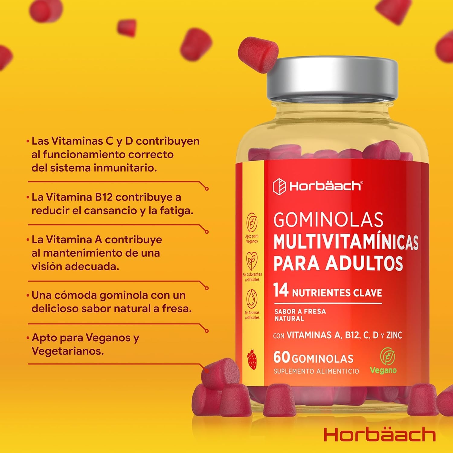 Gominolas Multivitaminas Y Minerales | 14 Multivitaminas Y Minerales Con Vitamina A, B12, C, D Y Zinc | 60 Gummies Sabor Fresa | De Horbaach