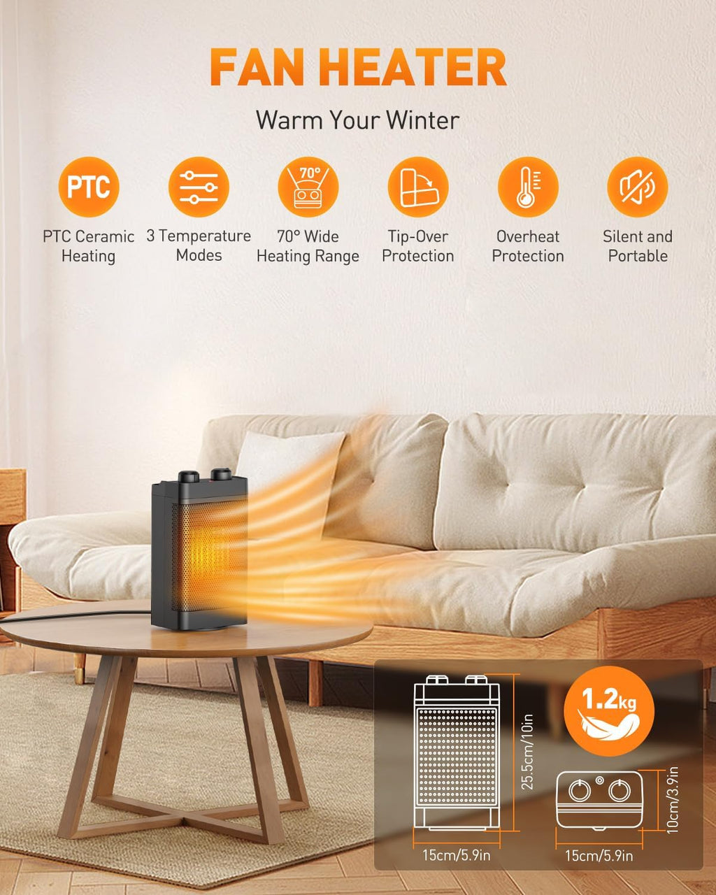 Calefactor De Bajo Consumo, 1500 W, 3 Modos De Calentamiento, Calentador Eléctrico De Cerámica, Oscilación De 70°, Protección Contra Sobrecalentamiento Y Antivuelco, Calefactor Silencioso Para Usar En