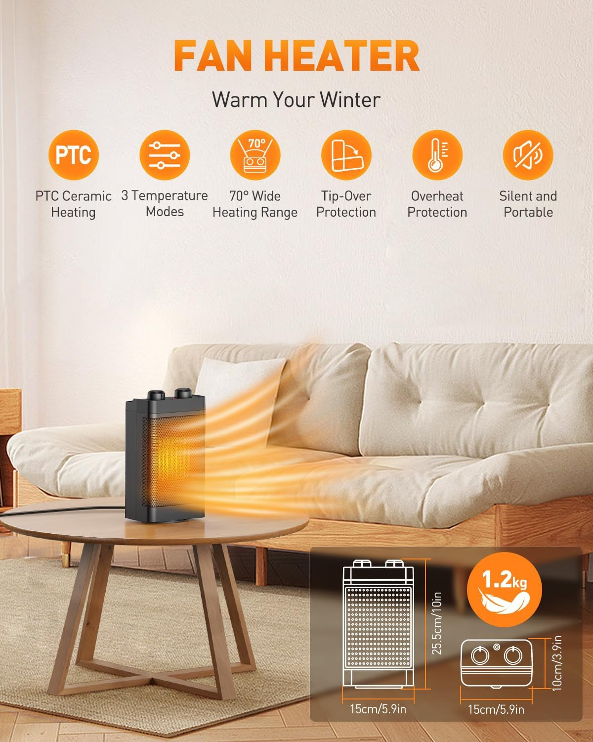 Calefactor De Bajo Consumo, 1500 W, 3 Modos De Calentamiento, Calentador Eléctrico De Cerámica, Oscilación De 70°, Protección Contra Sobrecalentamiento Y Antivuelco, Calefactor Silencioso Para Usar En