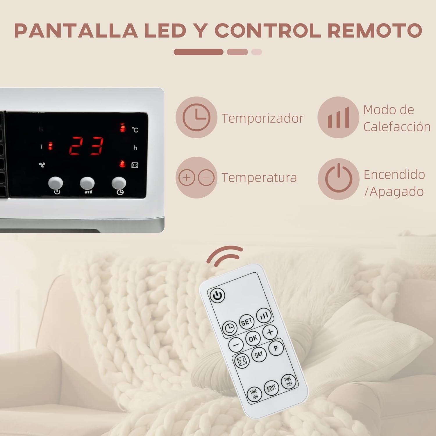 HOMCOM Calefactor Eléctrico Bajo Consumo, 1000W/2000W, Calefactor De Baño De Pared Con Pantalla LED, IPX2, 3 Modos, PTC, Protección Contra Sobrecalentamiento, Temporizador, Mando, Para 20-25㎡, Blanco