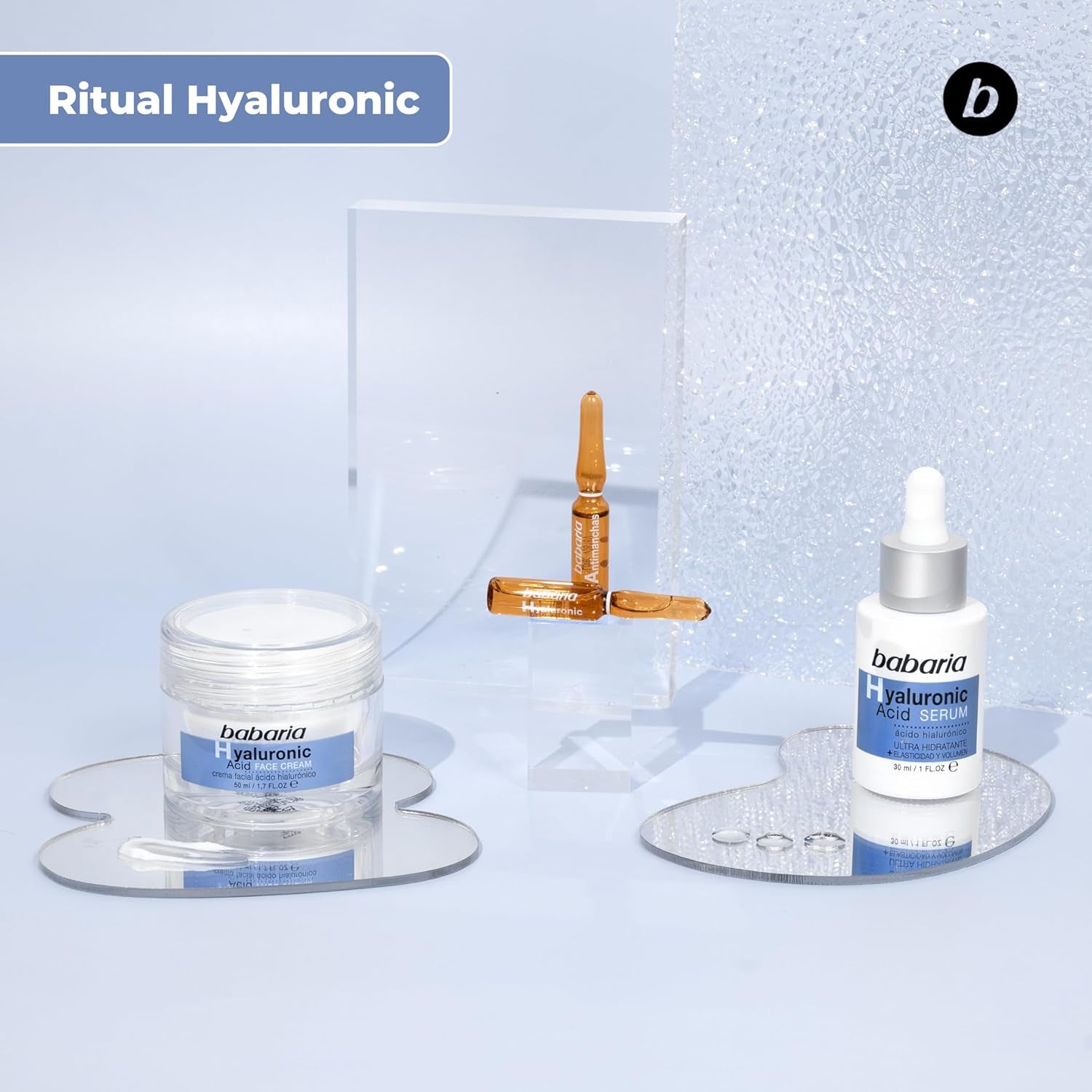 Babaria - Neceser Ritual Hialurónico, Pack Especial, Incluye Crema Facial 50 Ml, Sérum Facial 30 Ml Y Ampolla Facial 2 Ml, Con Ácido Hialurónico, Hidrata La Piel, Mejora El Volumen Y La Elasticidad