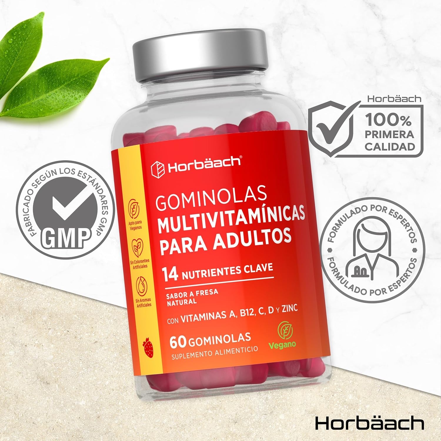 Gominolas Multivitaminas Y Minerales | 14 Multivitaminas Y Minerales Con Vitamina A, B12, C, D Y Zinc | 60 Gummies Sabor Fresa | De Horbaach