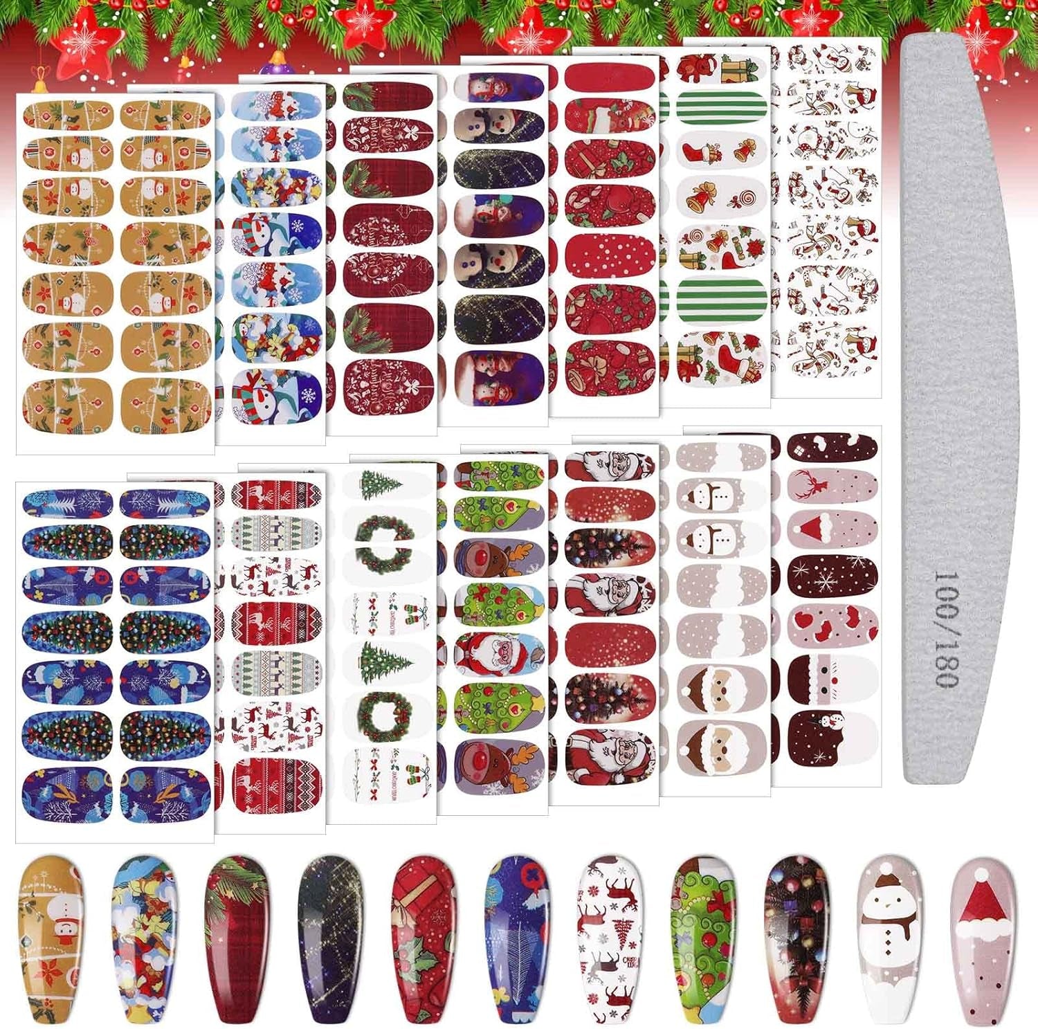 EBANKU Pegatinas Navidad Uñas, 14 Hojas Nail Stickers Etiqueta Adhesiva Uñas Cubierta Completa Calcomanías Etiqueta Engomada Uñas Autoadhesivas Con Limas Para Arte De Uñas DIY (C)
