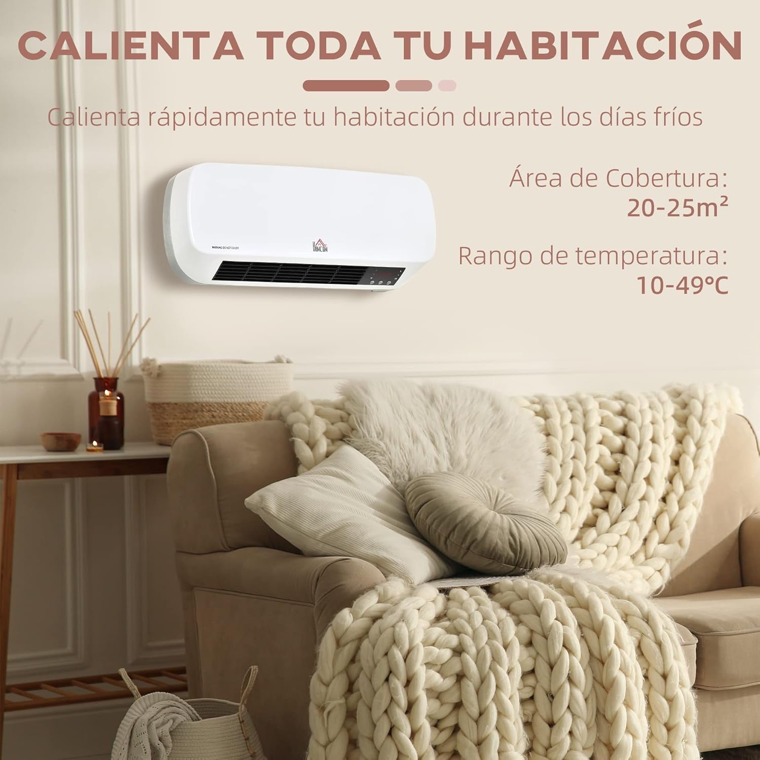 HOMCOM Calefactor Eléctrico Bajo Consumo, 1000W/2000W, Calefactor De Baño De Pared Con Pantalla LED, IPX2, 3 Modos, PTC, Protección Contra Sobrecalentamiento, Temporizador, Mando, Para 20-25㎡, Blanco