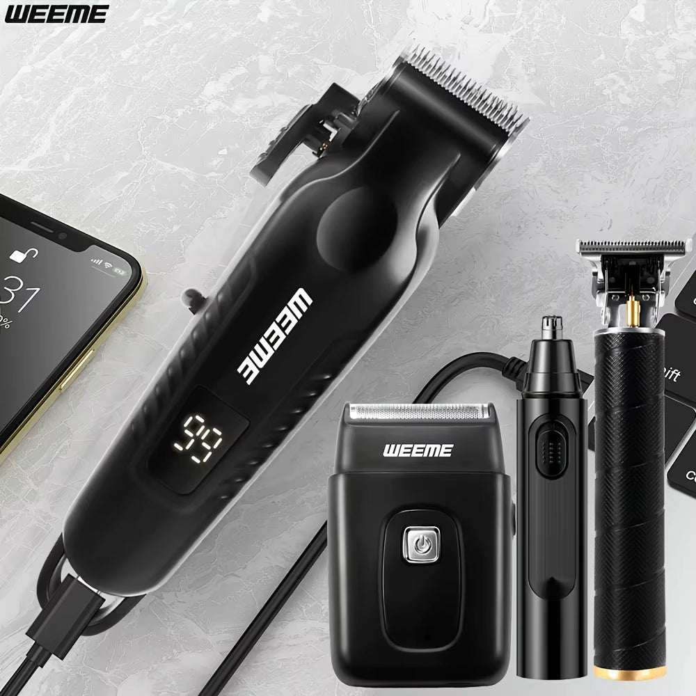 WEEME 4 in 1 Men Grooming Kit LCD Display USB Rechargeable Hair Clipper Beard Trimmer Nose Trimmer T-Blade Shaver Gift for Dad