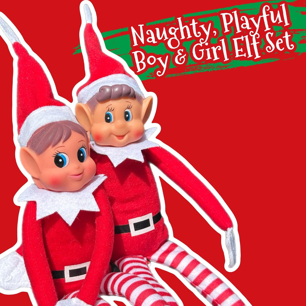 GLOW - Juego De 2 Elfos De Navidad Traviesos, Figura De Elfo Juguetona Con Cuerpo Suave, Cara De Vinilo, Agarre De Gancho Y Bucle, Elfos Behavin' Badly Christmas Family Elfie Elvie Toy Boy Girl