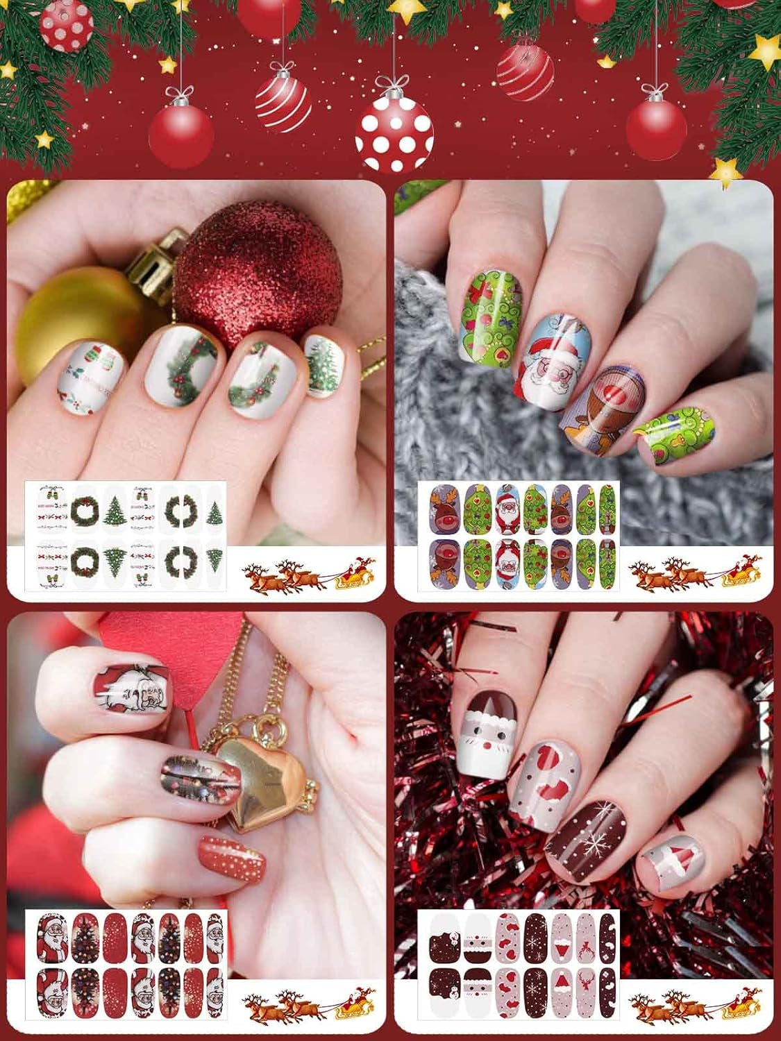 EBANKU Pegatinas Navidad Uñas, 14 Hojas Nail Stickers Etiqueta Adhesiva Uñas Cubierta Completa Calcomanías Etiqueta Engomada Uñas Autoadhesivas Con Limas Para Arte De Uñas DIY (C)