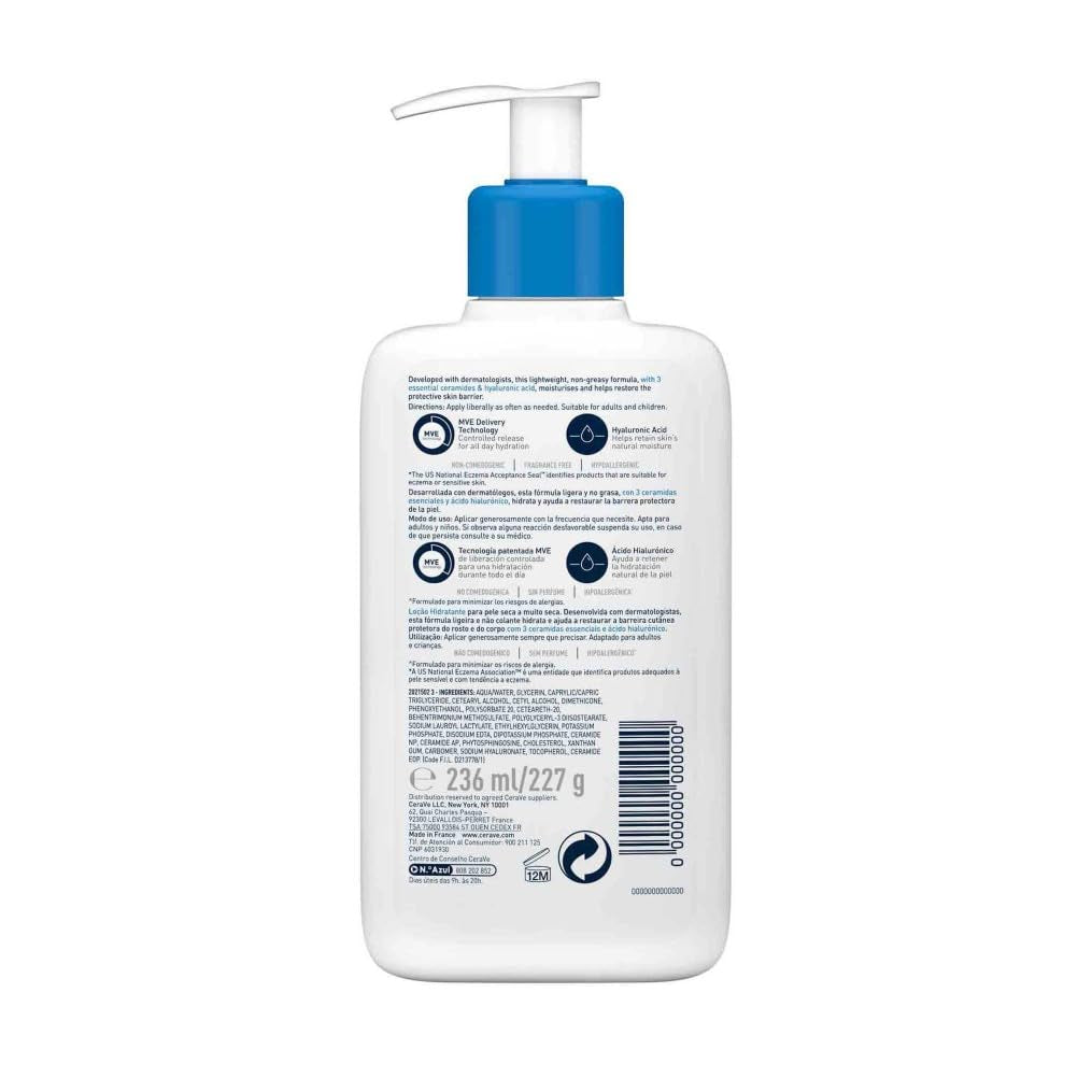 Cerave - Loción Hidratante, Piel Seca, Hidrata Y Restaura La Barrera Protectora De La Piel, Enriquecida Con Ceramidas Esenciales Y Ácido Hialurónico, Fórmula Ligera, Apta Para Rostro Y Cuerpo