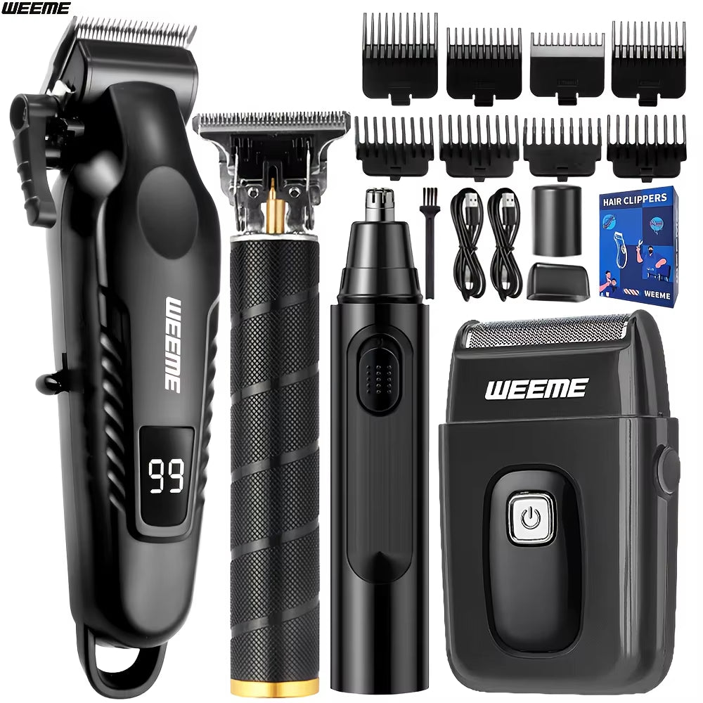 WEEME 4 in 1 Men Grooming Kit LCD Display USB Rechargeable Hair Clipper Beard Trimmer Nose Trimmer T-Blade Shaver Gift for Dad