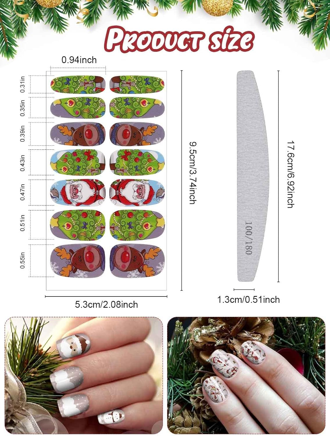 EBANKU Pegatinas Navidad Uñas, 14 Hojas Nail Stickers Etiqueta Adhesiva Uñas Cubierta Completa Calcomanías Etiqueta Engomada Uñas Autoadhesivas Con Limas Para Arte De Uñas DIY (C)