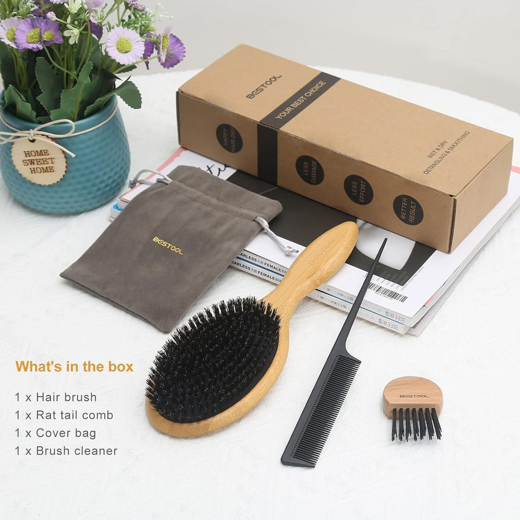 BESTOOL Cepillo De Pelo De Cerdas De Jabalí  Con Palas De Bambú.Mejora La Textura Del Cabello 