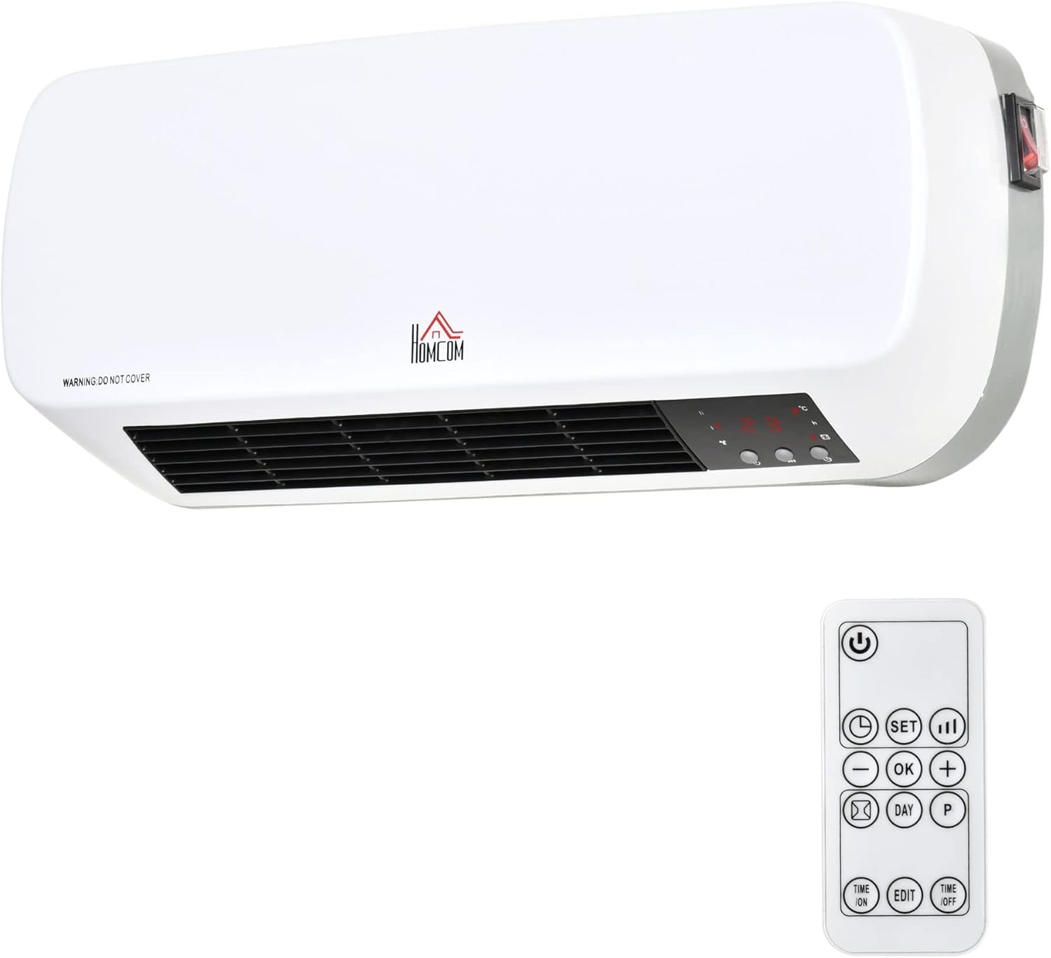 HOMCOM Calefactor Eléctrico Bajo Consumo, 1000W/2000W, Calefactor De Baño De Pared Con Pantalla LED, IPX2, 3 Modos, PTC, Protección Contra Sobrecalentamiento, Temporizador, Mando, Para 20-25㎡, Blanco