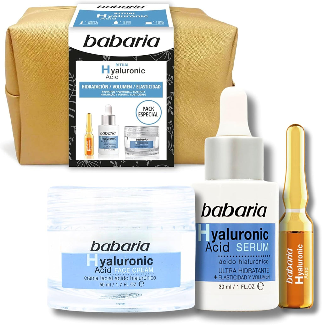 Babaria - Neceser Ritual Hialurónico, Pack Especial, Incluye Crema Facial 50 Ml, Sérum Facial 30 Ml Y Ampolla Facial 2 Ml, Con Ácido Hialurónico, Hidrata La Piel, Mejora El Volumen Y La Elasticidad
