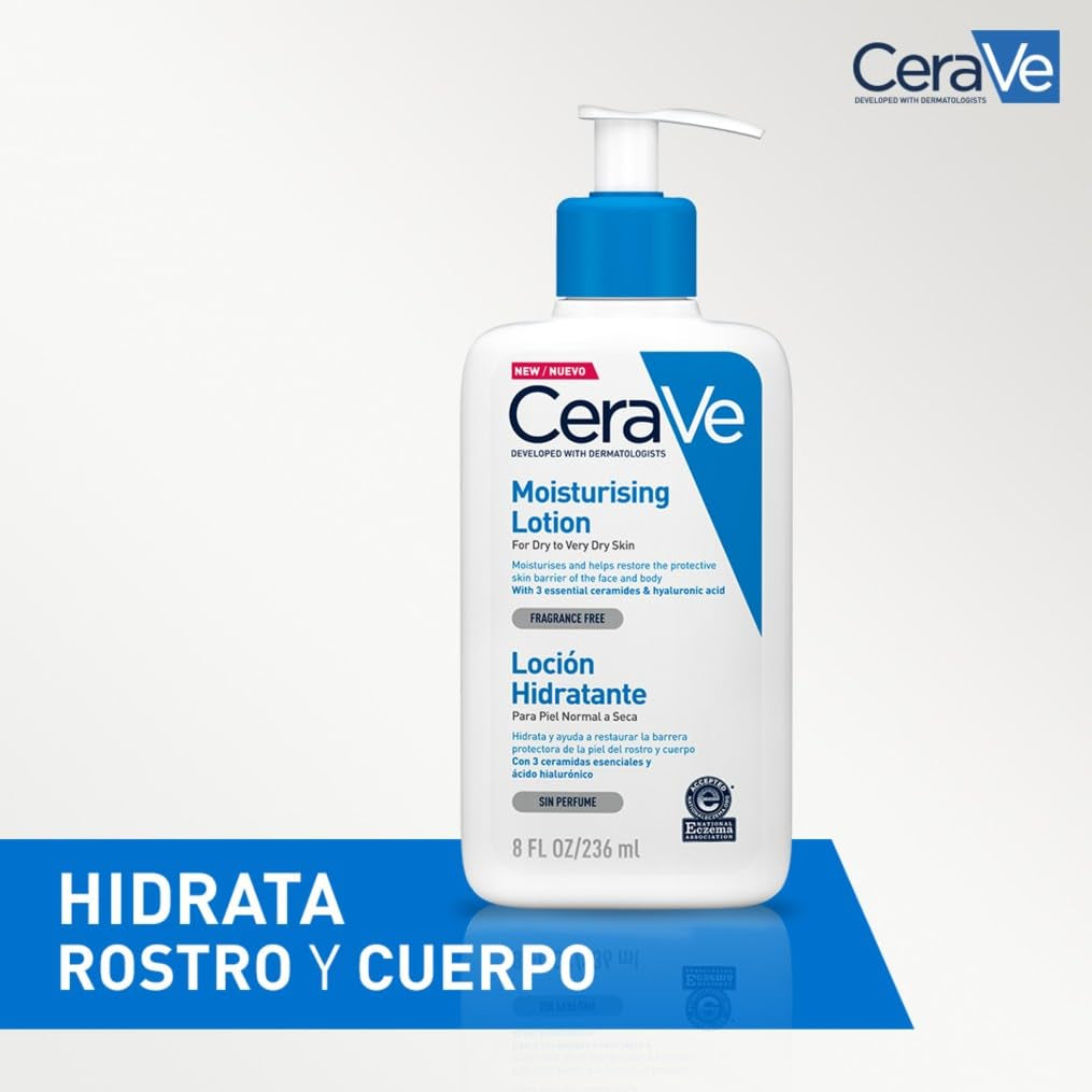 Cerave - Loción Hidratante, Piel Seca, Hidrata Y Restaura La Barrera Protectora De La Piel, Enriquecida Con Ceramidas Esenciales Y Ácido Hialurónico, Fórmula Ligera, Apta Para Rostro Y Cuerpo