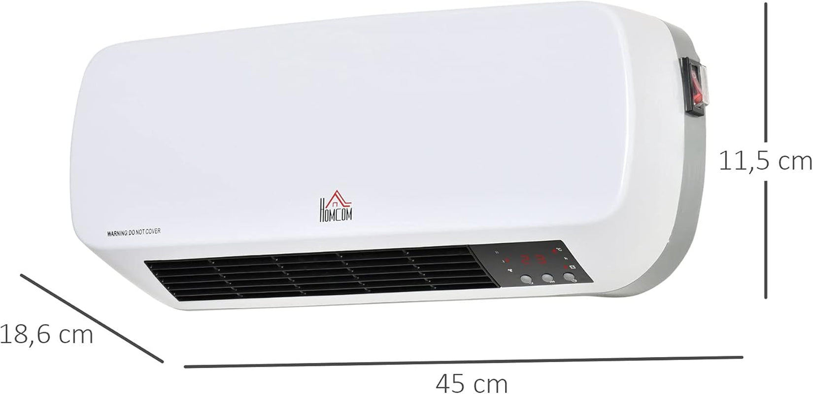 HOMCOM Calefactor Eléctrico Bajo Consumo, 1000W/2000W, Calefactor De Baño De Pared Con Pantalla LED, IPX2, 3 Modos, PTC, Protección Contra Sobrecalentamiento, Temporizador, Mando, Para 20-25㎡, Blanco
