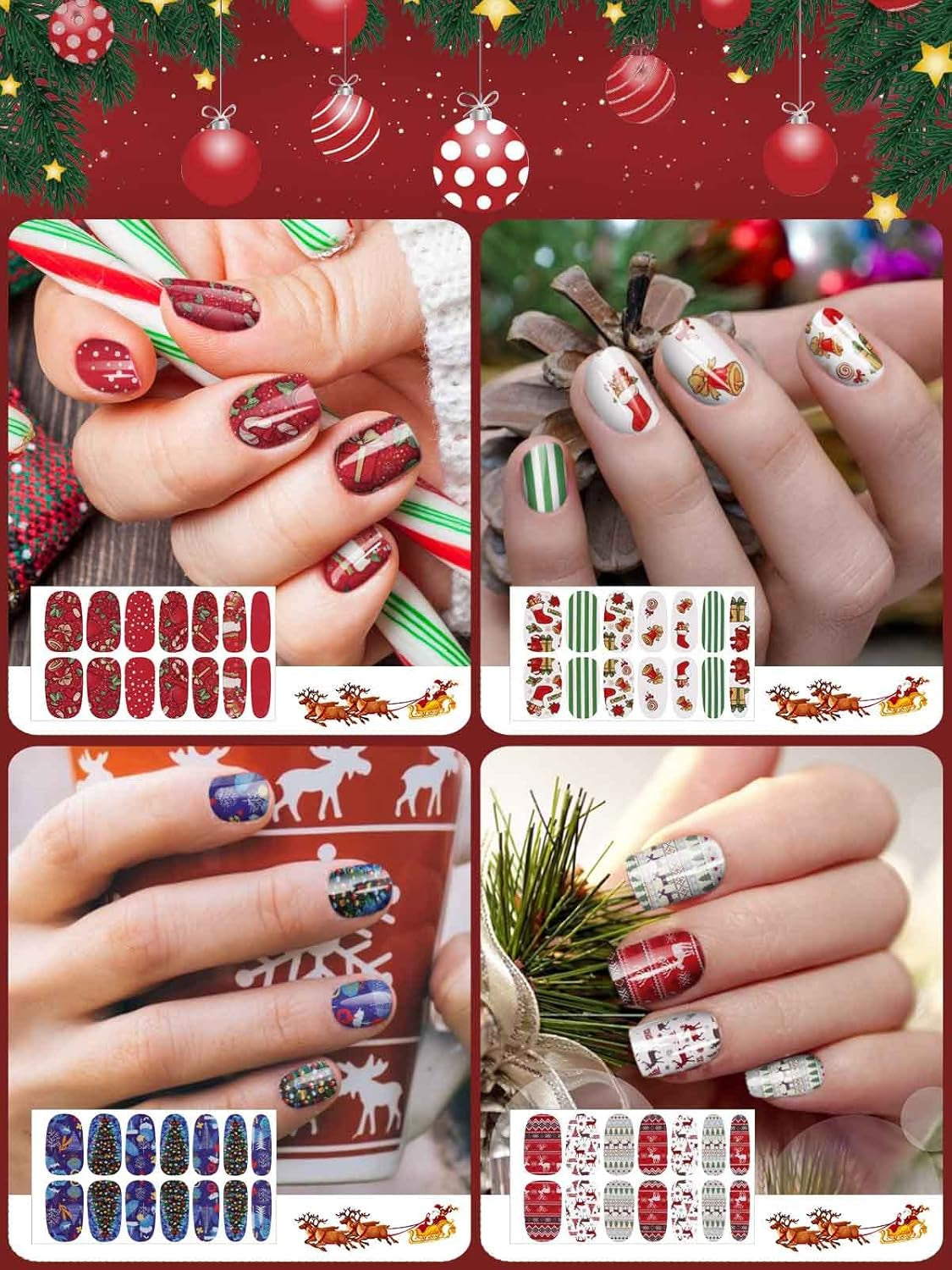 EBANKU Pegatinas Navidad Uñas, 14 Hojas Nail Stickers Etiqueta Adhesiva Uñas Cubierta Completa Calcomanías Etiqueta Engomada Uñas Autoadhesivas Con Limas Para Arte De Uñas DIY (C)